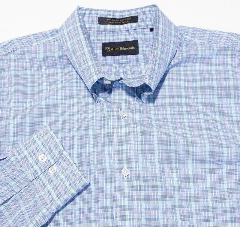 Allen Edmonds Shirt XL Men's Light Blue Purple Check Wrinkle Free Button-Down