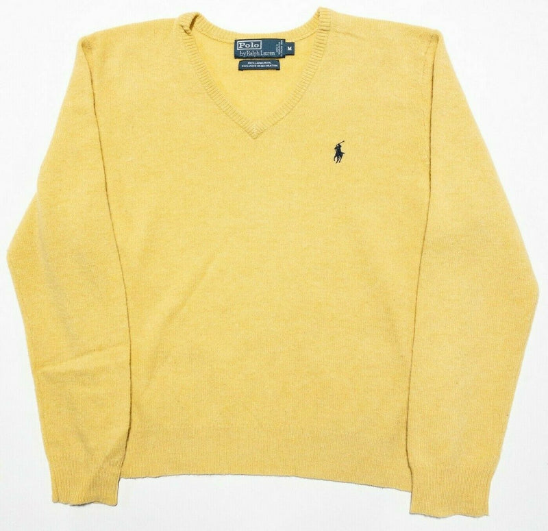 Polo Ralph Lauren Men's Medium 100% Lambswool Solid Yellow Knit V-Neck Sweater