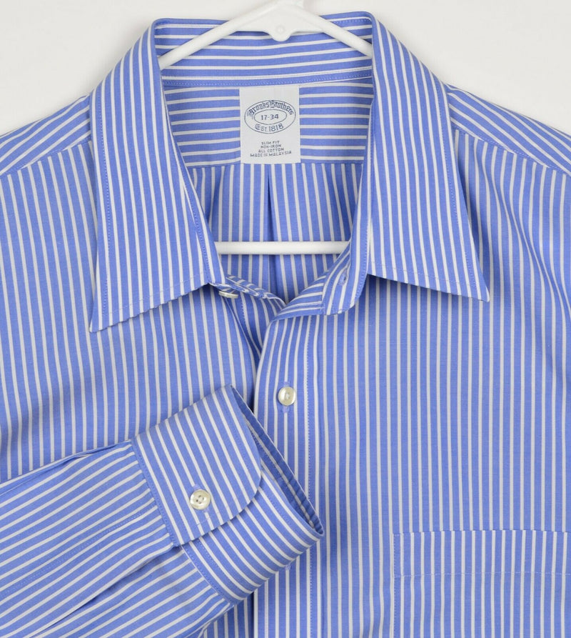 Brooks Brothers Men's 17-34 Slim Non-Iron Blue Striped Long Sleeve Dress Shirt