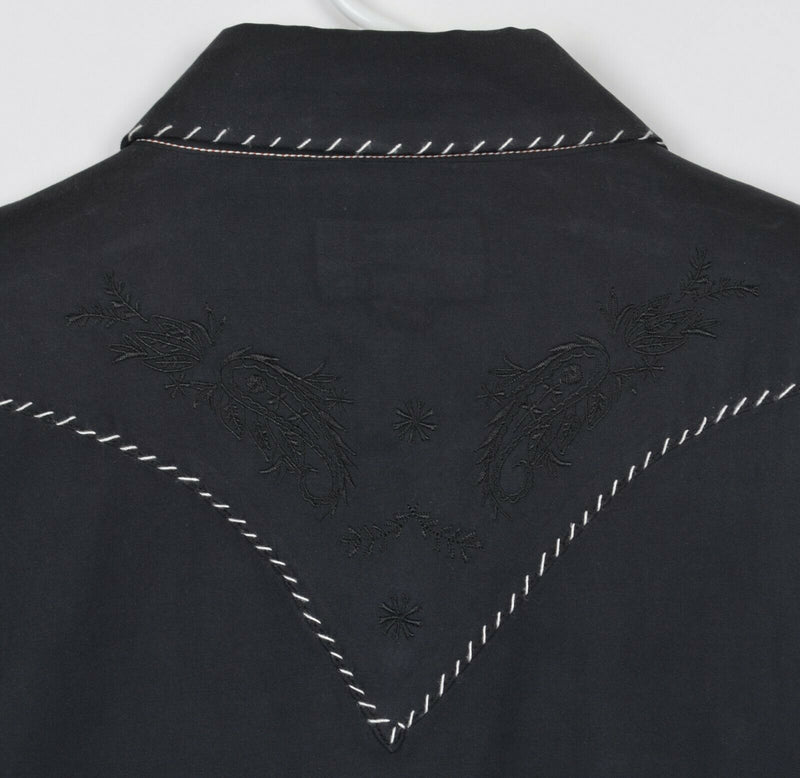 Ryan Michael Women's Large Silk Pearl Snap Embroidered Black Western Shirt