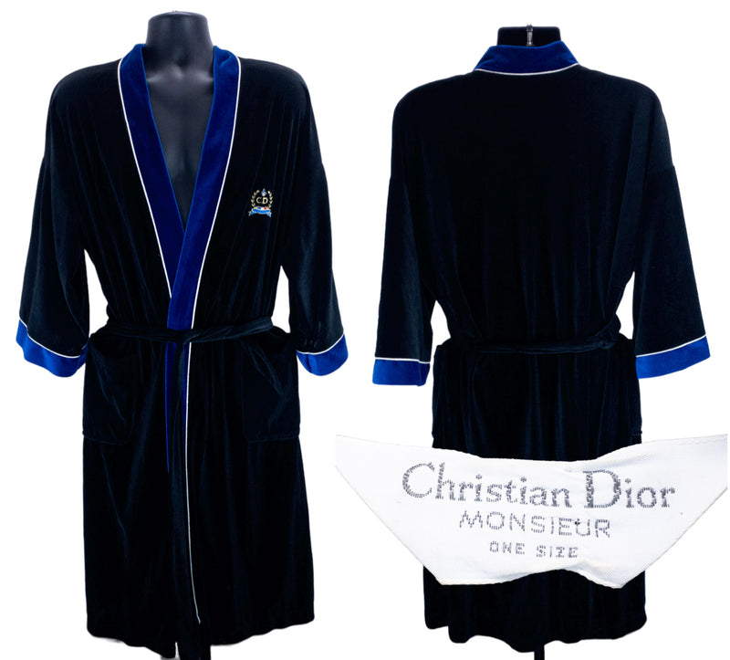 Vintage Christian Dior Bath Robe Men's One Size Velvet Logo Embroidery Monsieur