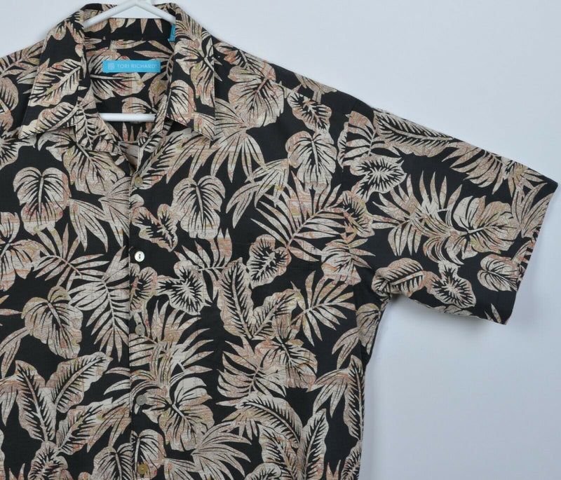 Tori Richard Men's Small Floral Palm Leaves Black Cotton Lawn Hawaiian Shirt