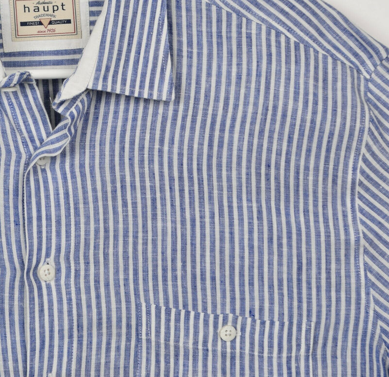 Haupt Germany Men’s Sz Large 100% Linen Blue White Striped Long Sleeve Shirt