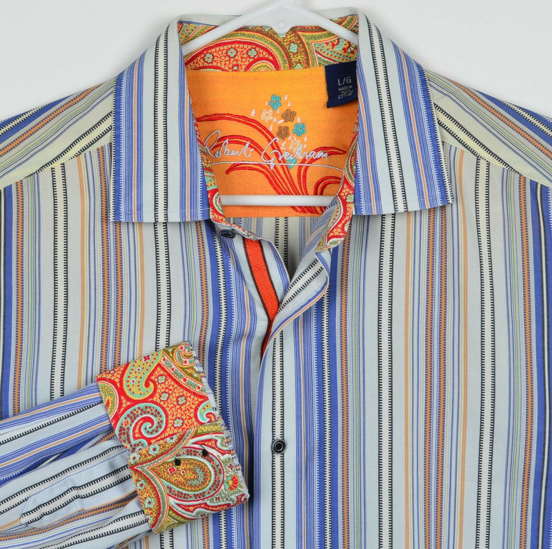 Robert Graham Men's Large Flip Cuff Blue Orange Stripe Paisley Casual Shirt