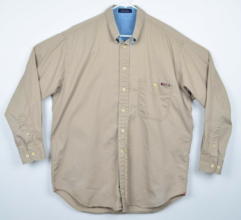 Vtg Cutter & Buck Mens Sz XL Embroidered Fishing Graphic Khaki Long Sleeve Shirt