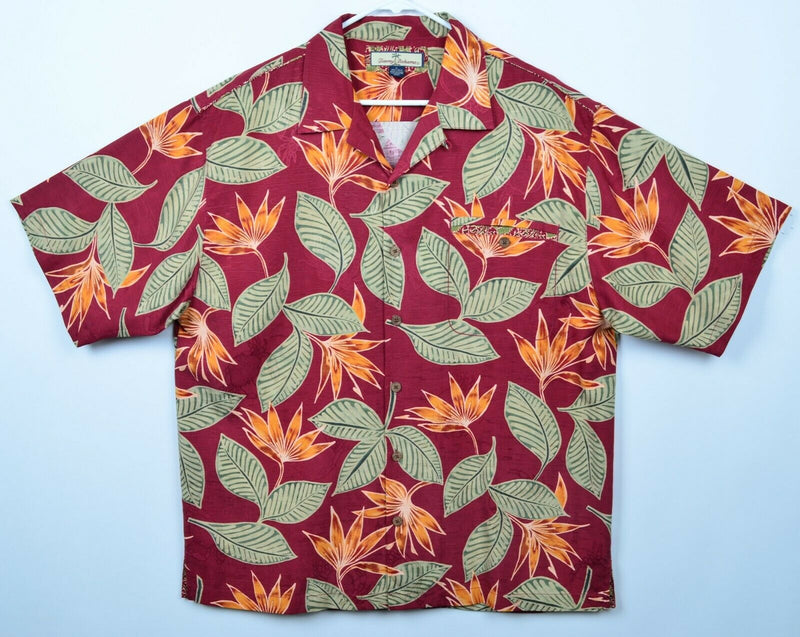 Tommy Bahama Men's Large 100% Silk Red Floral Palm Hawaiian Aloha Camp Shirt