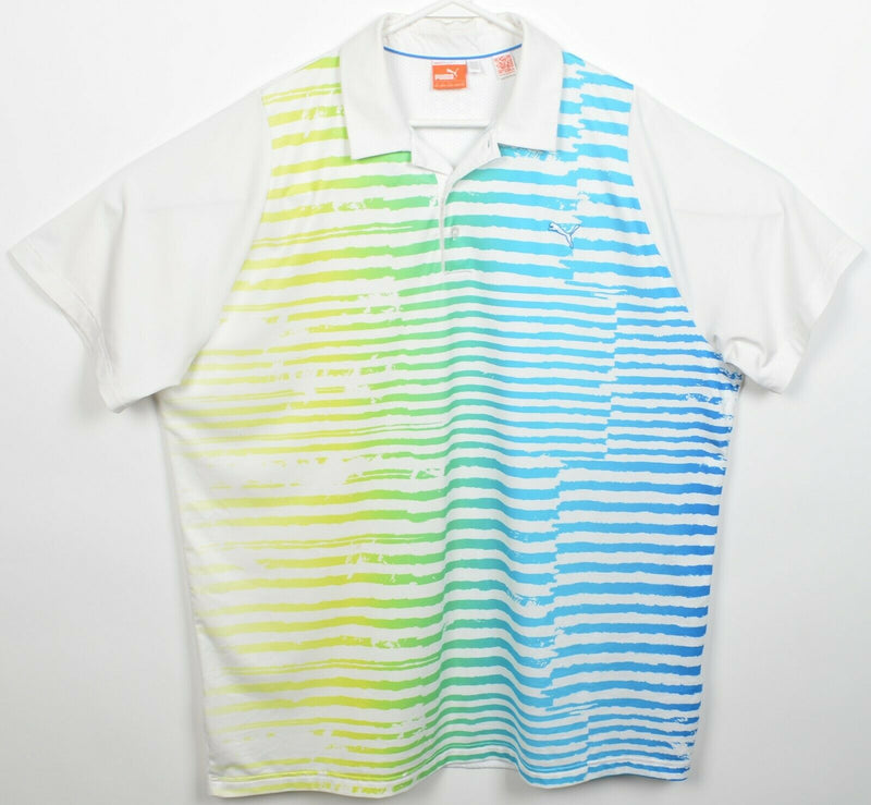 Puma Dry Cell Men's 2XL Colorful Striped Blue Green Yellow Wicking Golf Polo