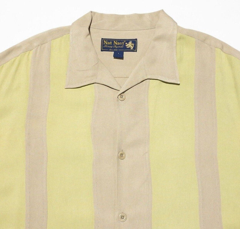 Nat Nast Silk Shirt Large Men's Panel Striped Bowling Retro Yellow Tan Hawaiian