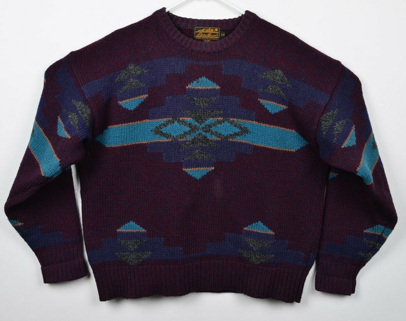 Vintage 90s Eddie Bauer Men's Large Aztec Southwest Wool Blend Maroon Sweater