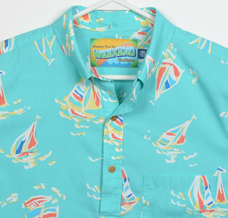 Chubbies The Nutter Men's Large "Weekend" Blue Sailboat Popover Camp Shirt