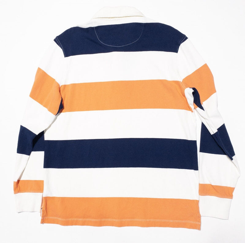 Lands' End Rugby Shirt Large Mens Polo Chunky Stripe Orange Blue Long Sleeve 90s
