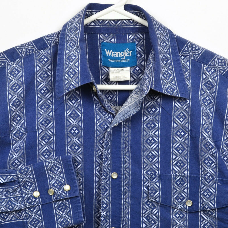 Wrangler Men's Large Pearl Snap Blue Geometric Striped Western Rockabilly Shirt