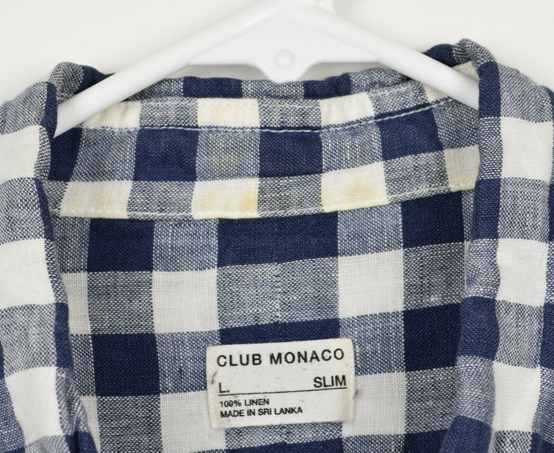 Club Monaco Men's Sz Large Slim Fit 100% Linen Blue White Buffalo Plaid Shirt