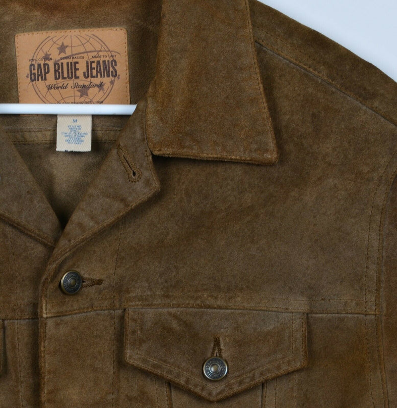 Gap World Blue Jeans Men's Medium Suede Leather Brown Trucker Jacket