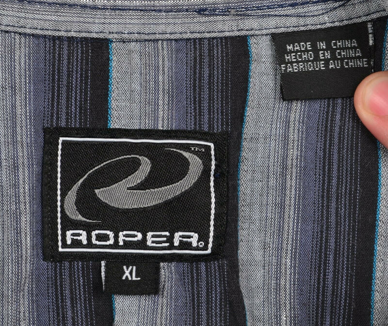 Roper Men's Sz XL Pearl Snap Embroidered Metallic Gray Striped Western Shirt