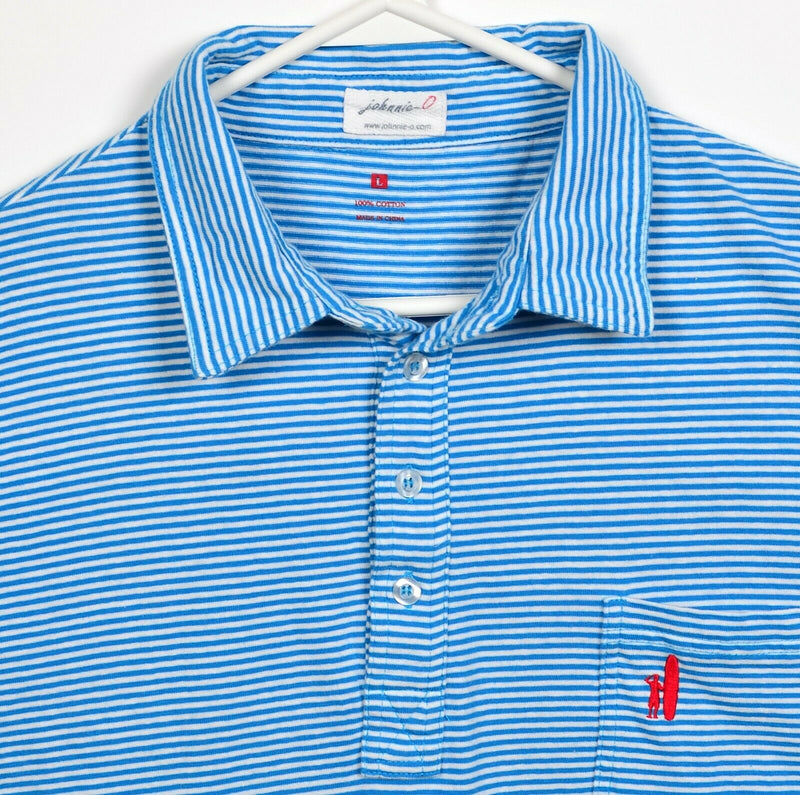 Johnnie-O Men's Large Blue White Striped Surfer Logo Preppy Pocket Polo Shirt