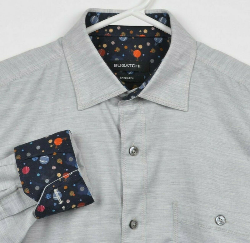 Bugatchi Men's Small Shaped Fit Flip Cuff Space Galaxy Gray Button-Front Shirt
