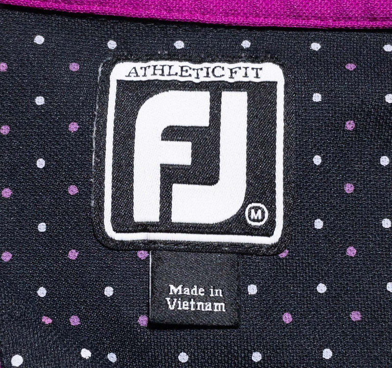 FootJoy Golf Shirt Men's Medium Athletic Fit Black Purple Polka Dot Wicking