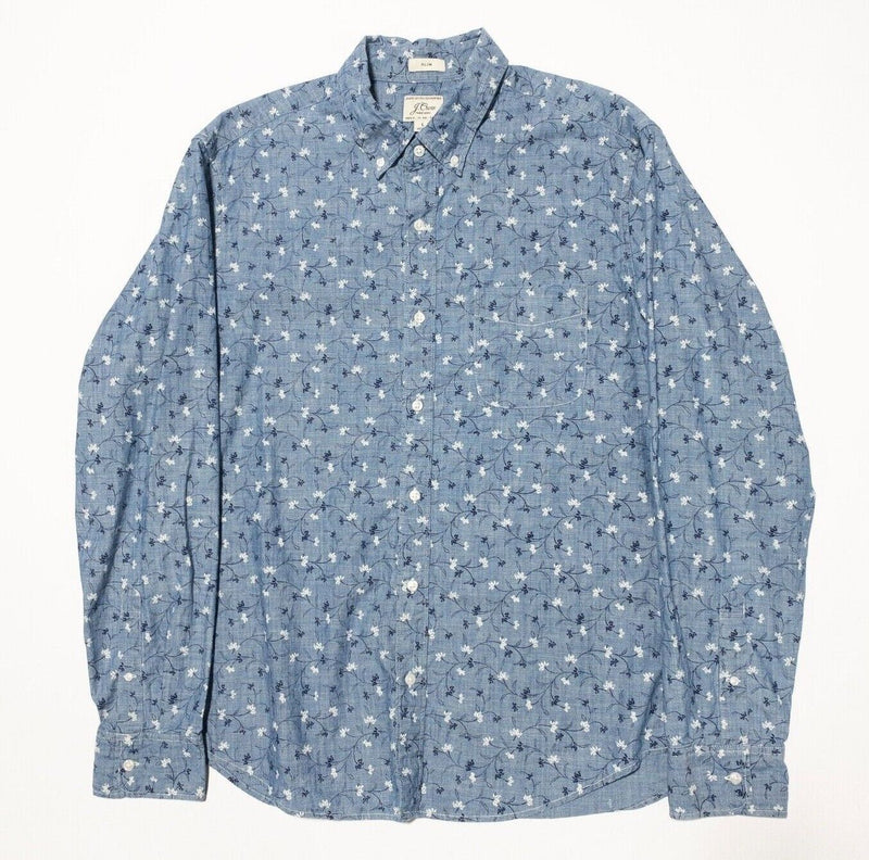 J. Crew Chambray Shirt Large Slim Fit Men's Floral Print Long Sleeve Button-Down
