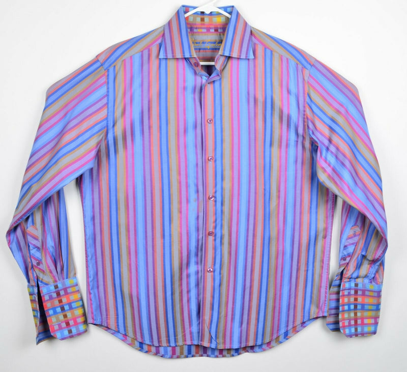 Robert Graham Men's Large French Cuff Multicolor Pink Blue Striped Dress Shirt