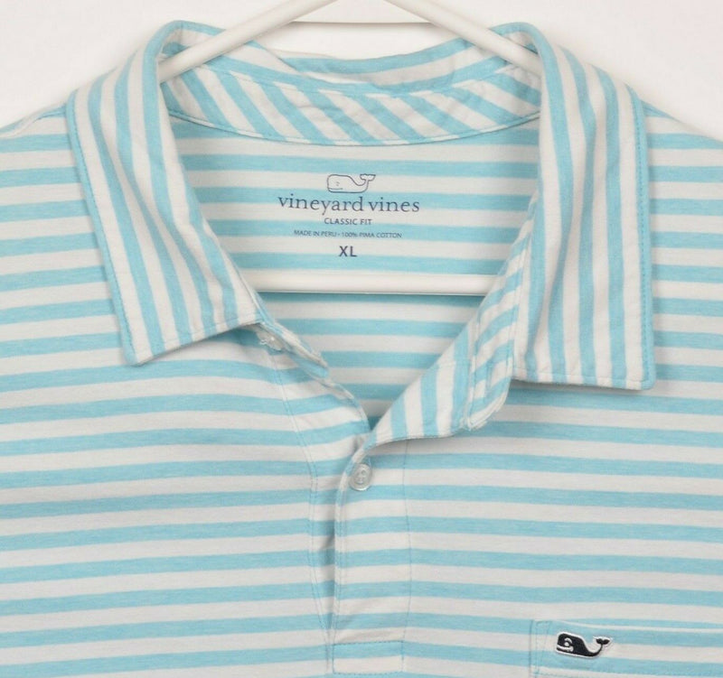 Vineyard Vines Men's XL Classic Aqua Blue White Striped Pima Cotton Polo Shirt