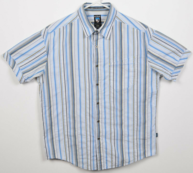 Kuhl Suncel Men's Medium Blue White Striped Hiking Outdoor Button-Front Shirt