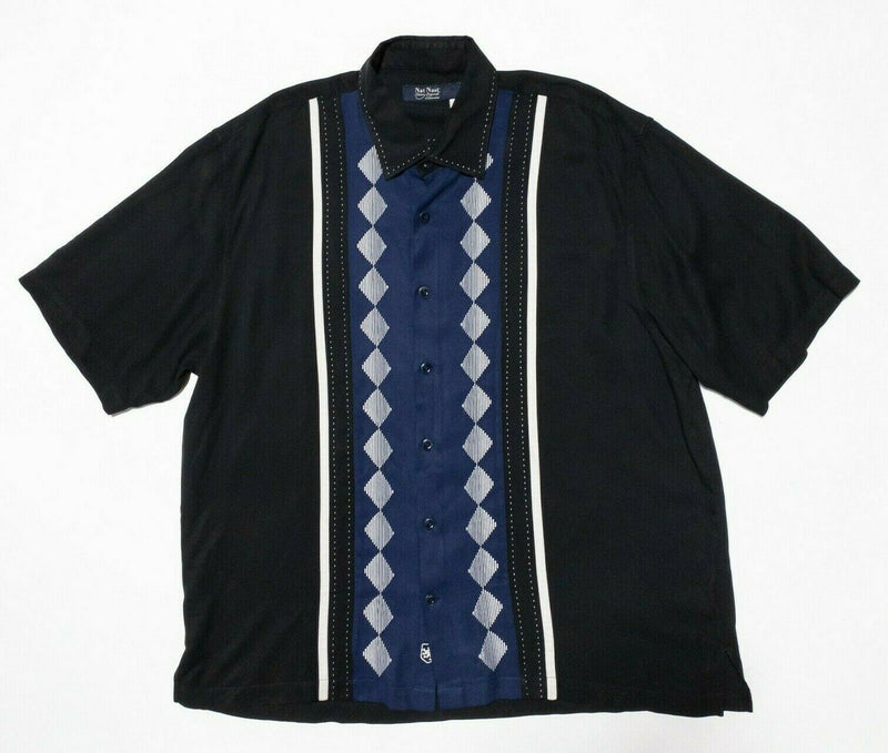 Nat Nast Silk Shirt XL Men's Hawaiian Bowling Panel Retro Diamond Blue Black