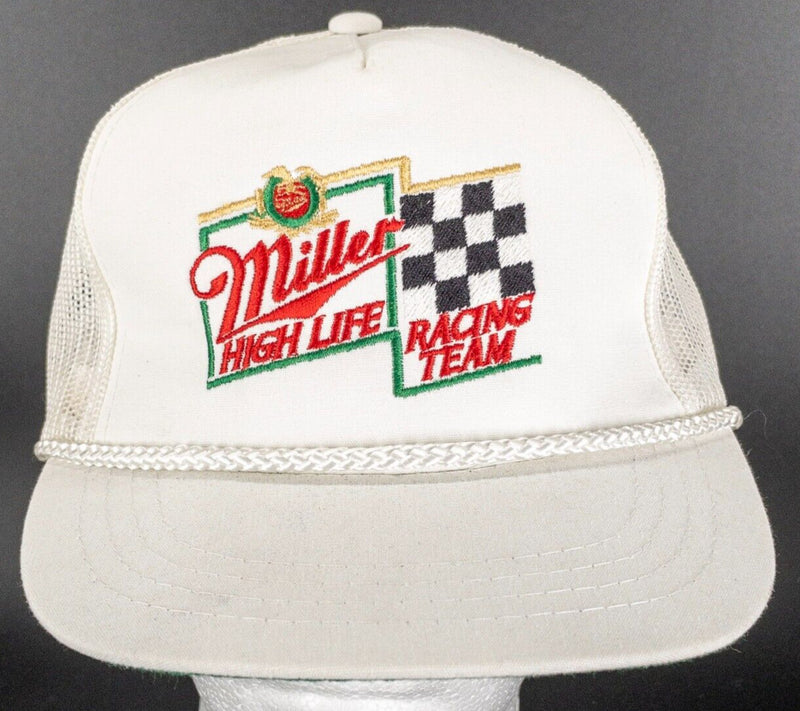 Vintage Miller High Life Racing Trucker Hat Snapback Mesh White Rope 90s Yupoong
