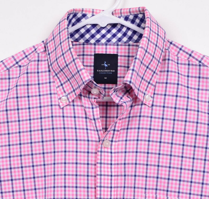 Tailorbyrd Men's Sz Medium Flip Cuff Pink Navy Plaid Check Long Sleeve Shirt