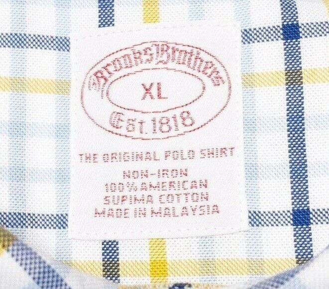 Brooks Brothers XL Shirt Men's Yellow Blue Check Button-Down Non-Iron Logo