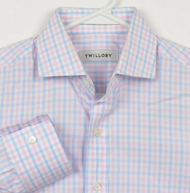 Twillory Men's 15 32/32 Tailored Fit Pink Blue Plaid Check Spread Dress Shirt