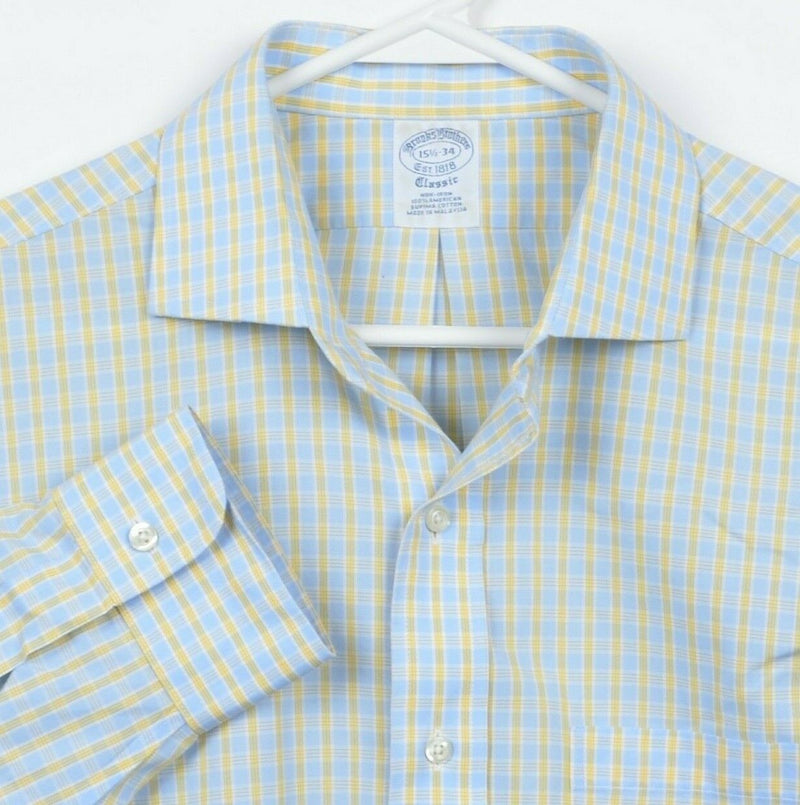 Brooks Brothers Men's 15.5/34 Classic Fit Non-Iron Blue Yellow Plaid Dress Shirt