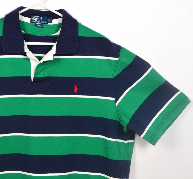 Polo Ralph Lauren Men's XL Green Navy Blue Chunky Striped S/S Rugby Shirt