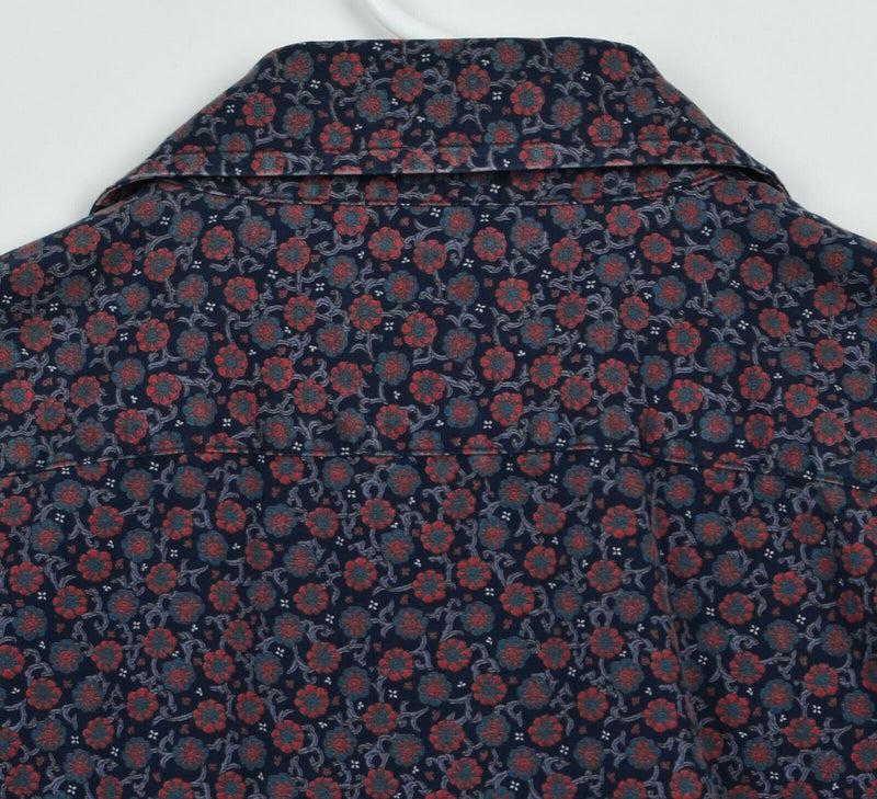 Vtg Faconnable Men's Sz Large Floral Pattern Flip Cuff Navy Button-Front Shirt