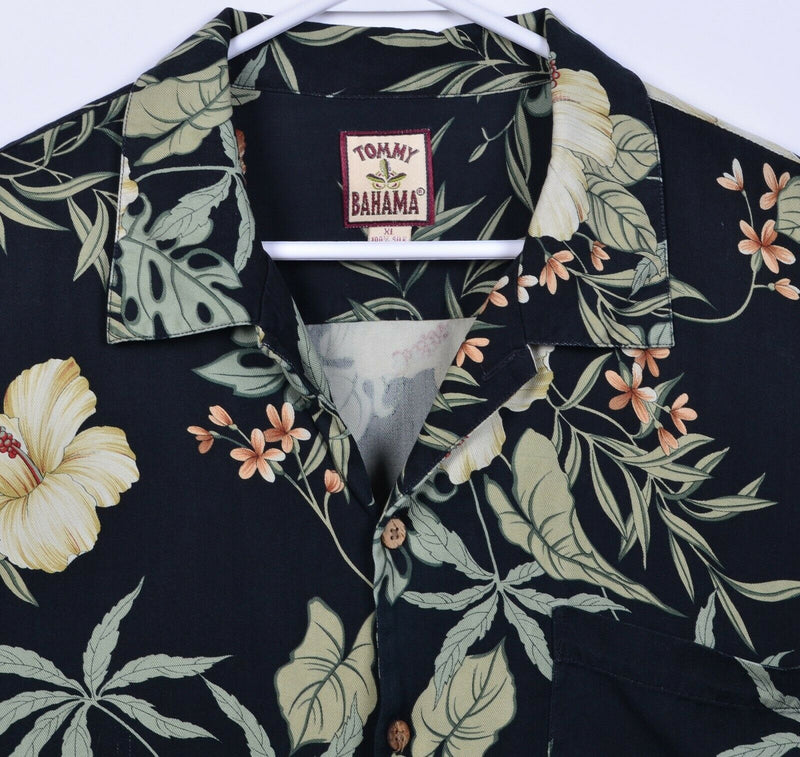 Tommy Bahama Men's XL 100% Silk Black Floral Hawaiian Aloha Camp Shirt