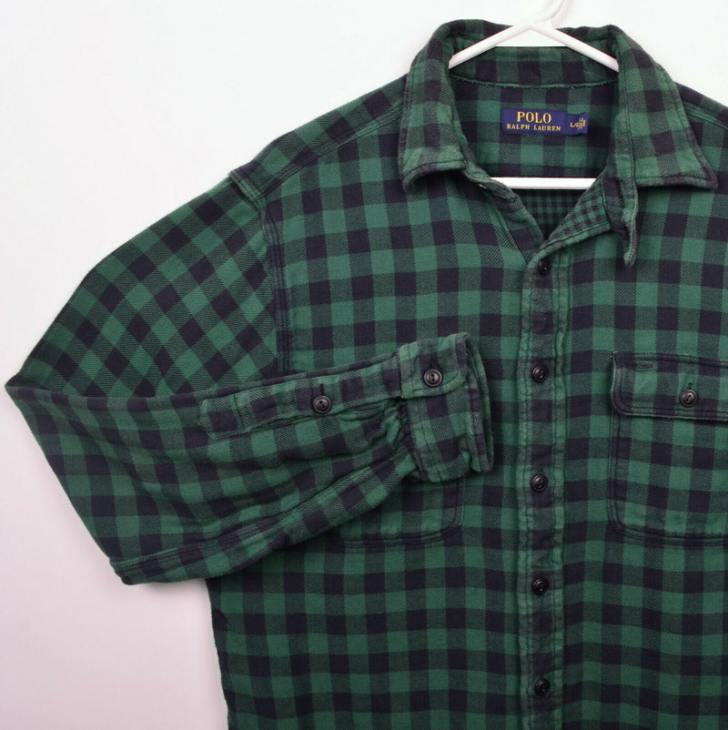 Polo Ralph Lauren Men's Large Green Black Check Loop Collar Flannel Shirt