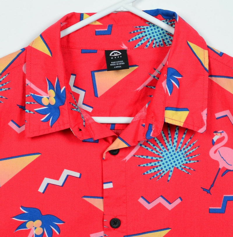 Neff Men's Large Red Flamingo Geometric Memphis Design Button-Front Shirt