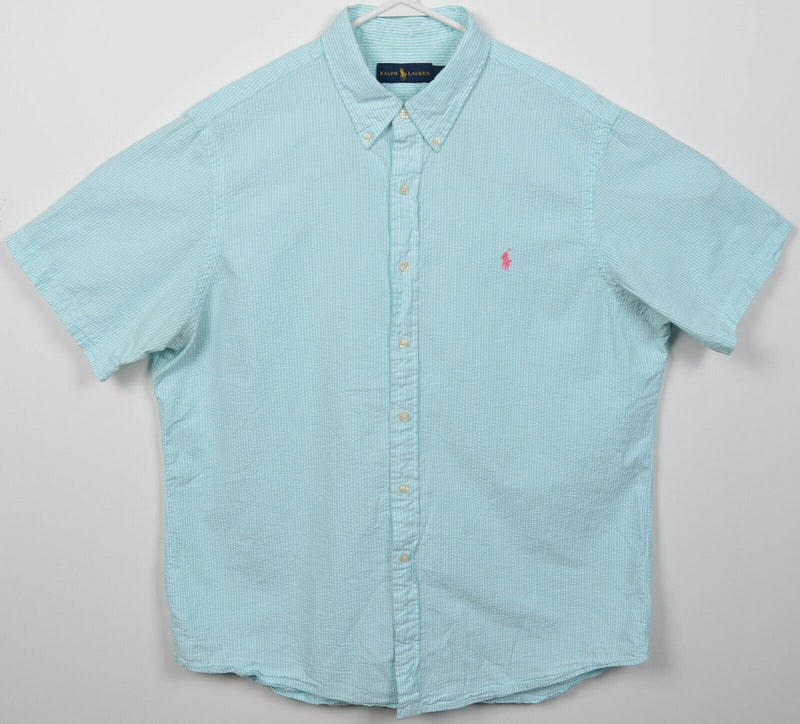 Polo Ralph Lauren Men's XL Seersucker Aqua Blue Striped Pony Button-Down Shirt