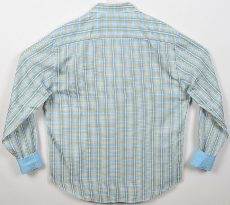 Bugatchi Uomo Men's Large? Flip Cuff Blue Yellow Plaid Button-Front Shirt