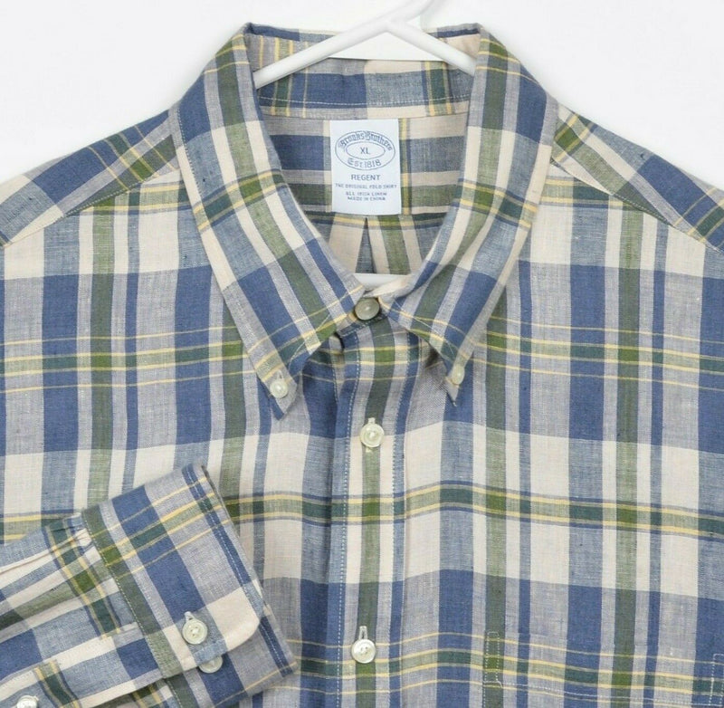 Brooks Brothers Men's XL Irish Linen Blue Green Plaid Regent Button-Down Shirt