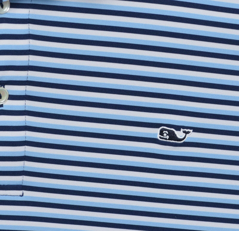 Vineyard Vines Men's XL Blue Striped Whale Polyester Wicking Golf Polo Shirt