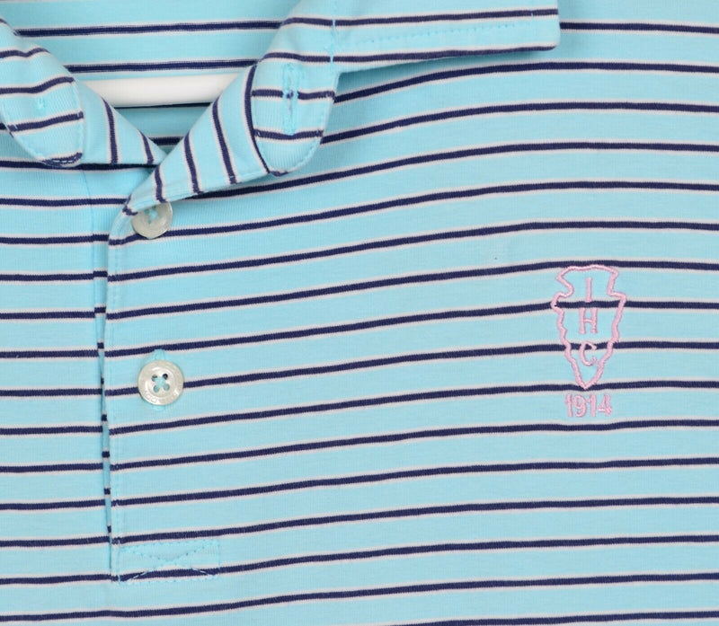 B. Draddy Men's Sz Medium Aqua Blue Striped Golf Polo Shirt Indian Hill Club