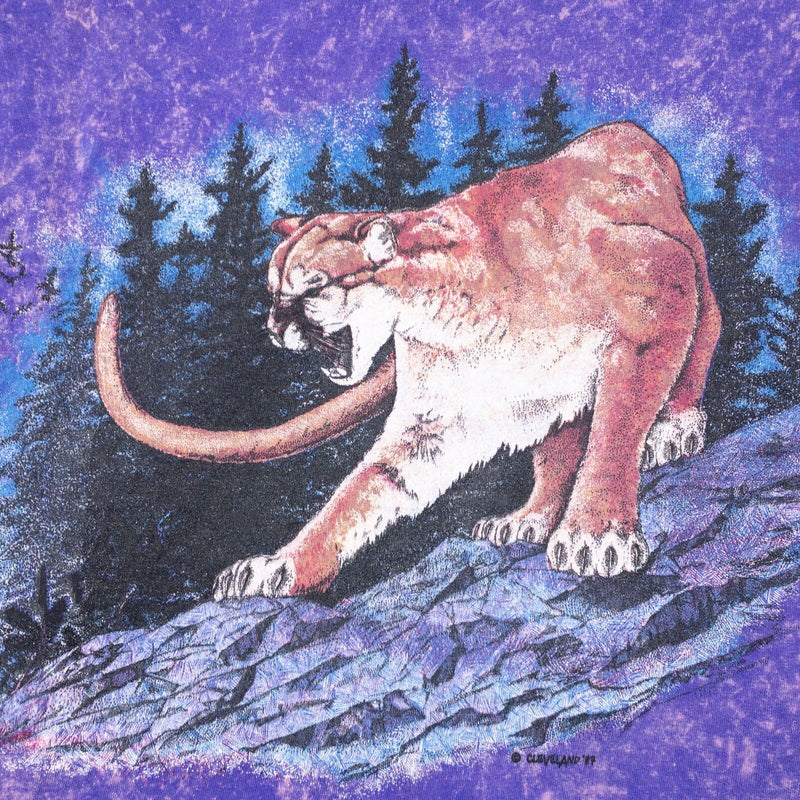 Vintage Mountain Lion T-Shirt Men's Medium Hanes Beefy Acid Wash Purple Animals