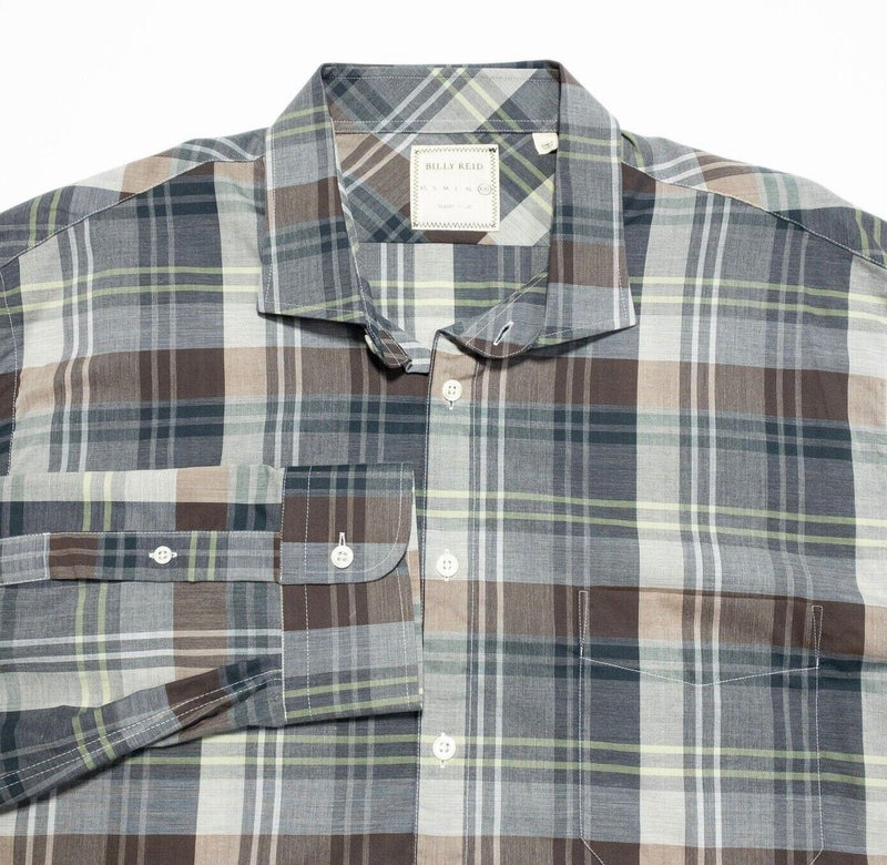 Billy Reid Shirt XXL Standard Cut Men's Long Sleeve Gray Brown Plaid Designer