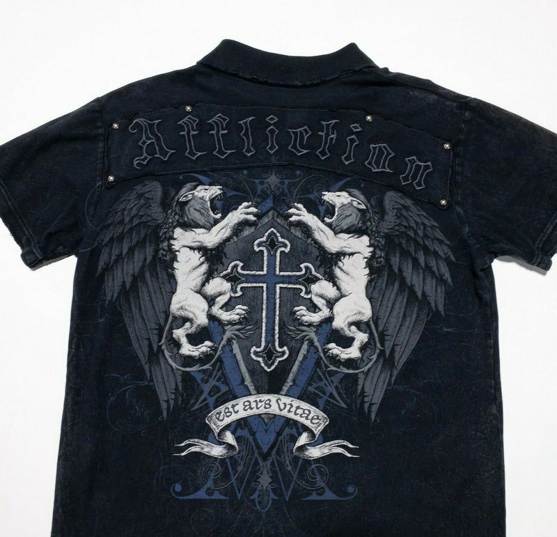 Affliction Polo Shirt Medium Men's Lion Cross Wings Tribal Black Short Sleeve