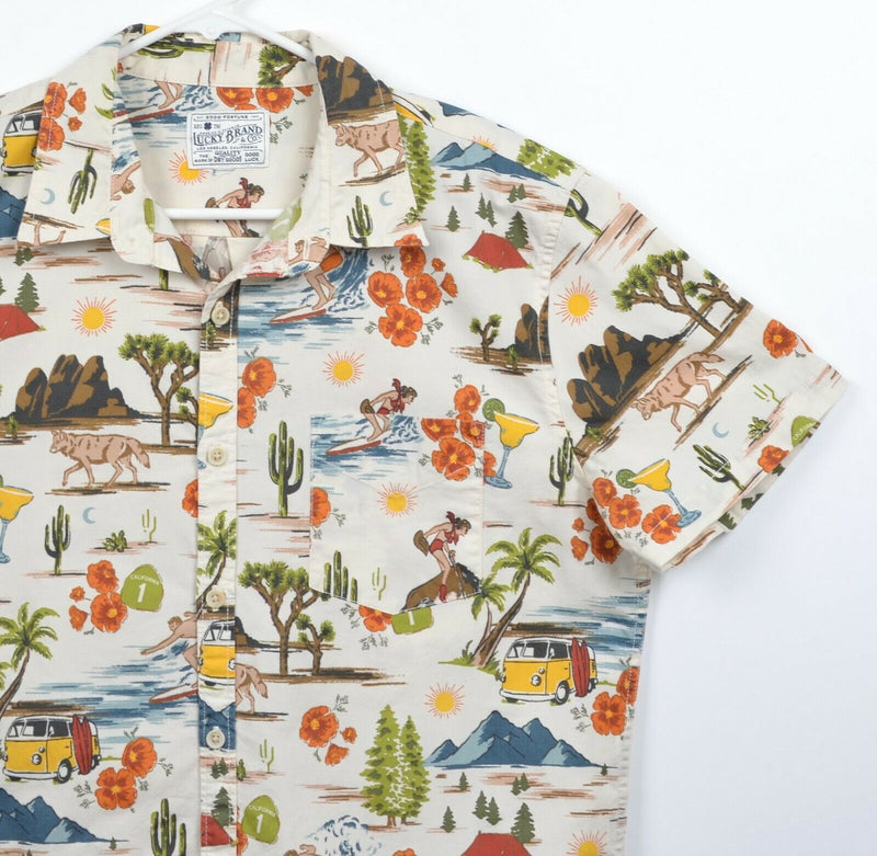 Lucky Brand Men's Sz Medium Graphic Print Travel Surf Floral Hawaiian Shirt