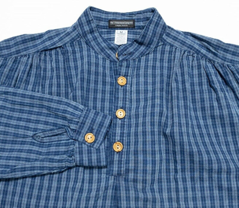 J. Peterman Poet's Shirt Men's Medium Band Collar Grandfather Blue Plaid L/S USA