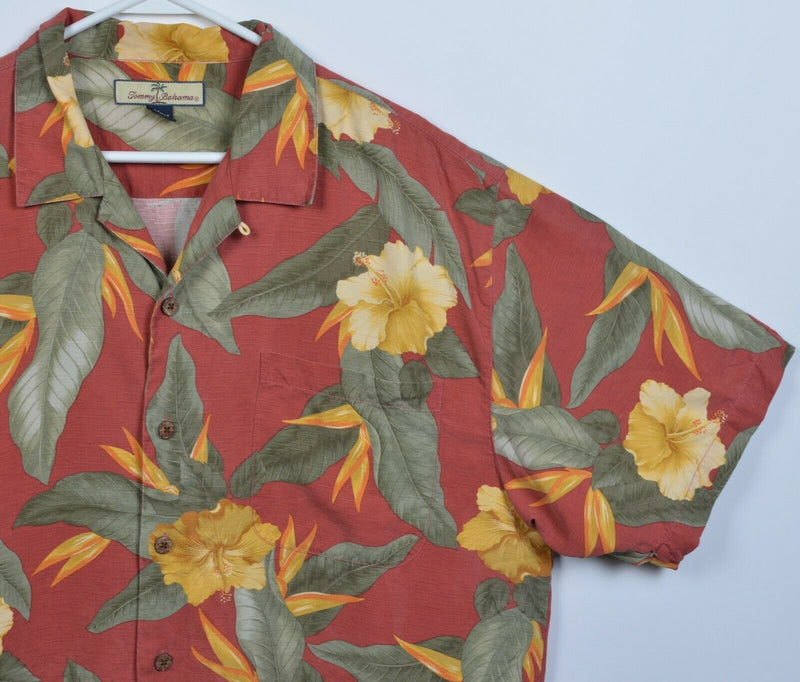 Tommy Bahama Men's Large 100% Silk Red Yellow Hibiscus Floral Hawaiian Shirt