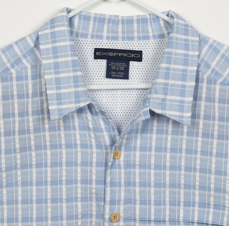 ExOfficio Men's 2XL Vented Seersucker Blue Plaid Travel Button-Front Shirt