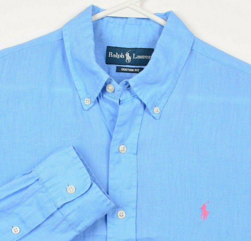 Polo Ralph Lauren Men's Large Custom Fit 100% Linen Solid Blue Button-Down Shirt